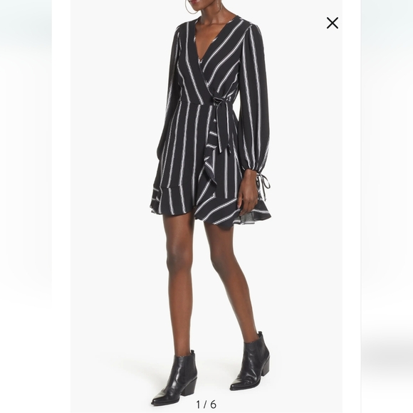 Band of Gypsies Women's Medium Black Pinstripe Faux Wrap Dress - Picture 5 of 16